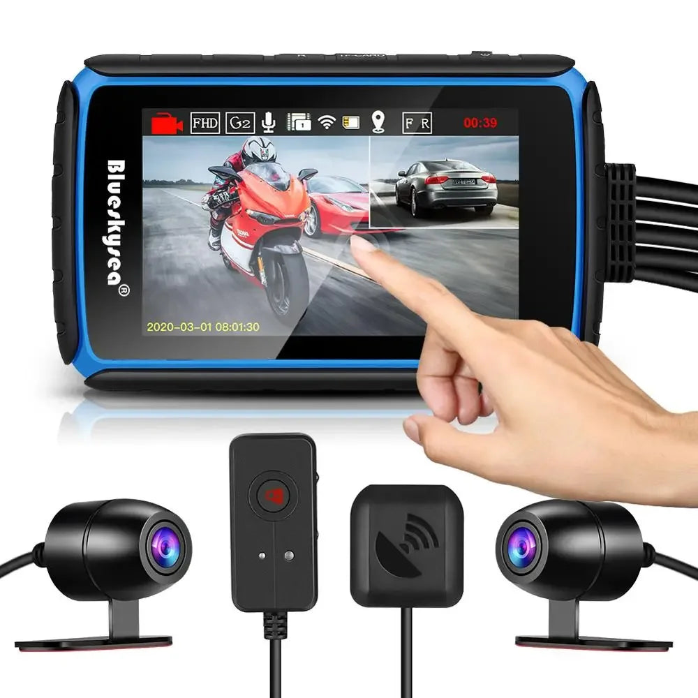 DV988 Motorcycle Dash Cam 1080p  Dual Lens  DVR with 4'' IPS Touch Screen Waterproof IP66 Loop Recording with GPS