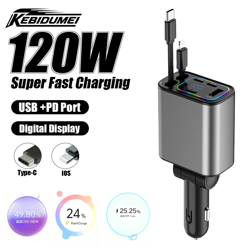 KEBIDUMEI 5-IN-1 Retractable Car Charger USB Type-C Power Adapter Fast Charging Voltage Display Phone Chargers Auto Accessories