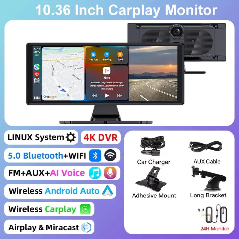 Universal DashCam 10.33" Car Intelligent 4K Car DVR Dash Cam Wireless CarPlay & Android Auto MP5 Bluetooth WIFI Rear Reversing