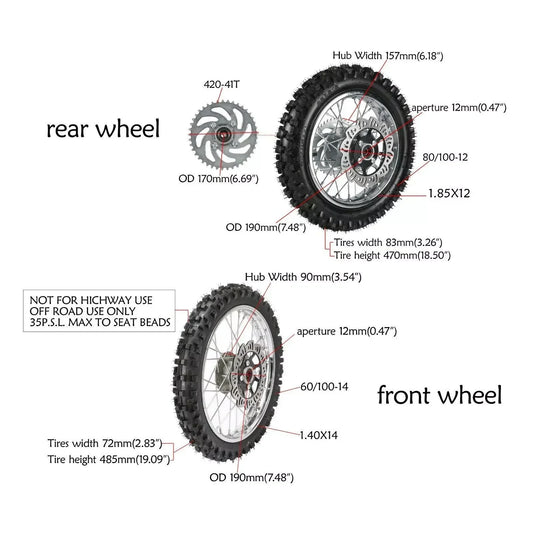 80/100-12 3.0-12 Rear Wheel Tire Rim & 14" Front Wheel 60/100-14 Tire 1.4x14 Rim for Dirt Pit Bikes Trail Bike Off Road