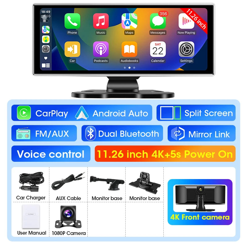 11.26 inch Dash Cam Car Monitor 4K Camera Wireless Carplay & Android Auto GPS Navigation Bluetooth5.0 Dashboard Car DVR FM  AUX