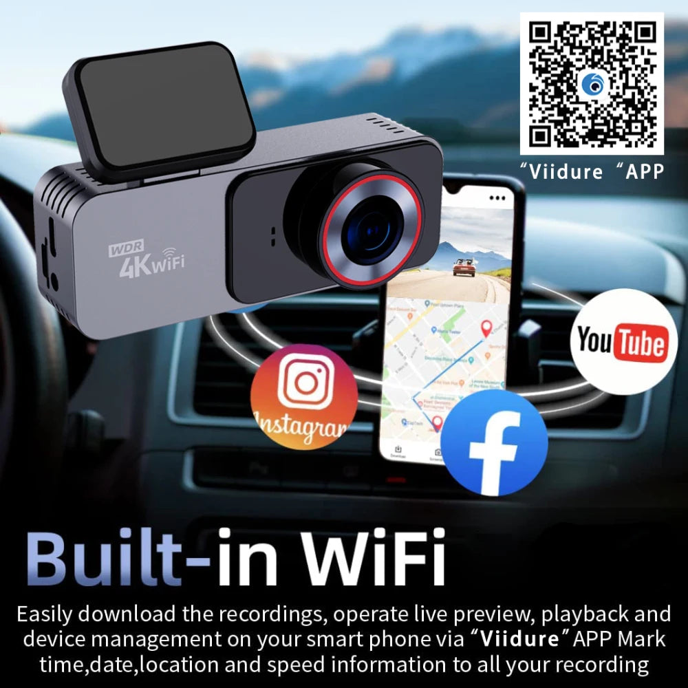 Dash Cam 4K 3840*2160P Car DVR WIFI GPS Mini Dual Lens Camera Front and Rear Dashcam Black Box Video Drive Recorder Night Vision