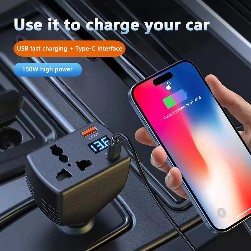 NEW150W Digital Display Car Charger Car Inverter 12V24V to 220V Car Truck Universal Mobile Phone Fast Charging Car Charger