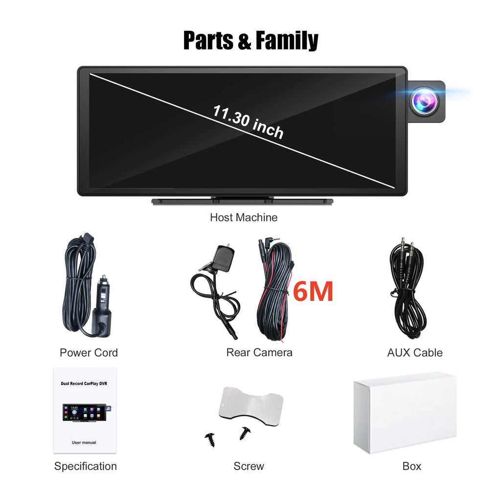Dash Cam11.3"  4K 2160P Rearview Camera Carplay & Android Auto GPS Navigation with Voice Control Car DVR BT FM Monitor