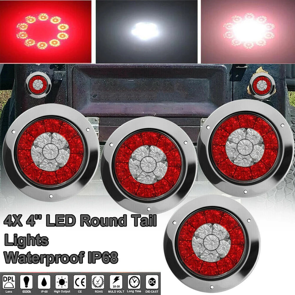 4 x LED Round Tail Lights 12V Fit for cars, trucks, trailers, semi-trailers, boats, flatbeds, buses trucks vans RVs campers etc