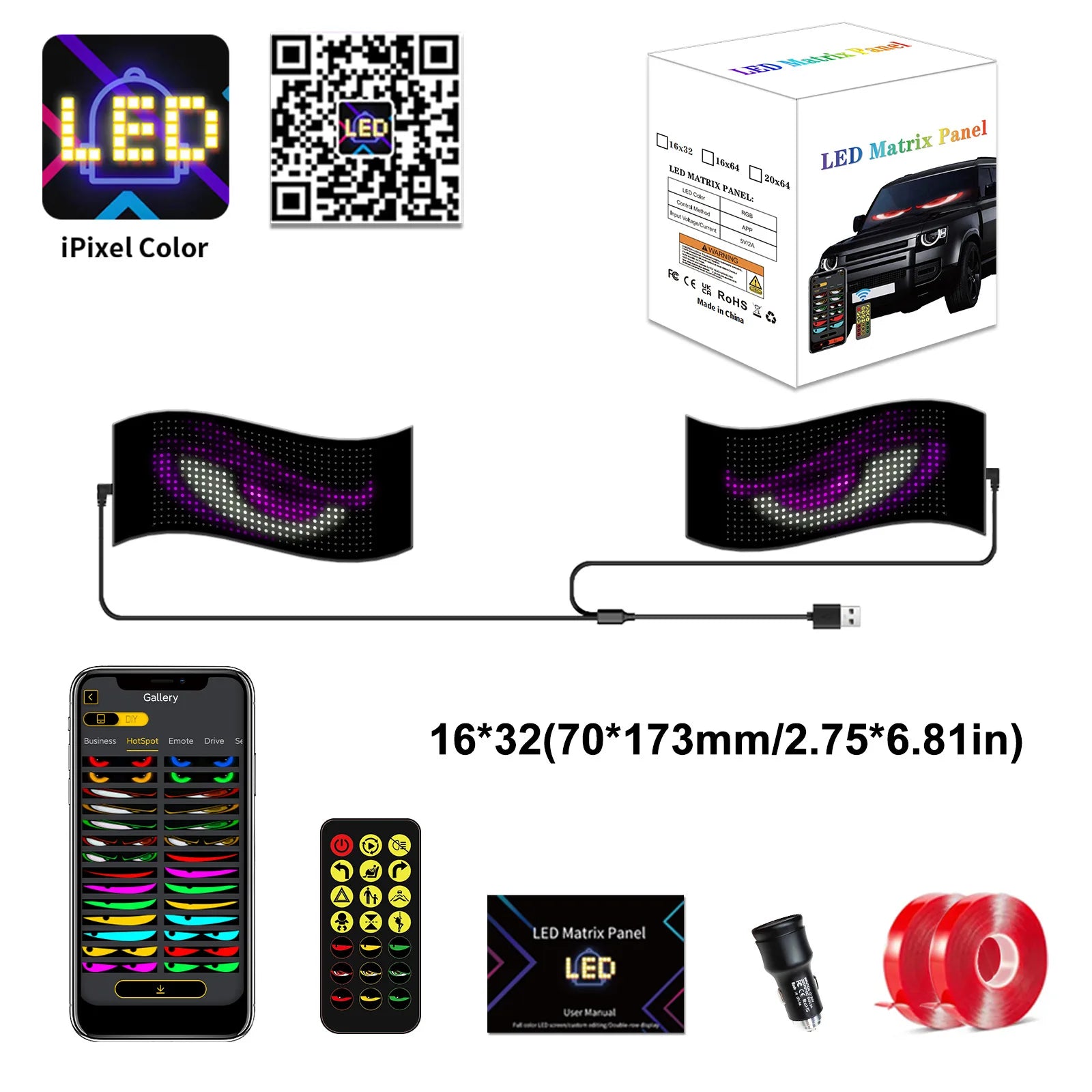 Multifunctional Bright Devil Eyes LED Light for Car Windshield Flexible Programmable Scrolling LED Display Bluetooth APP Control