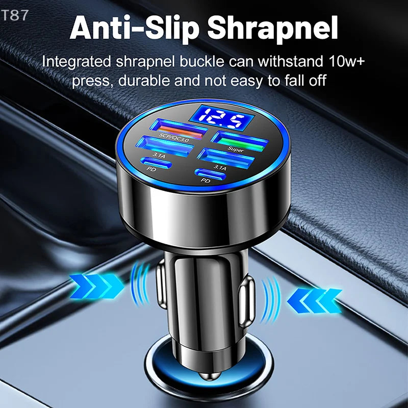 Over 100W Fast Charging Car Charger with 6 USB Type-C Ports for Iphone, Android with Voltage Display