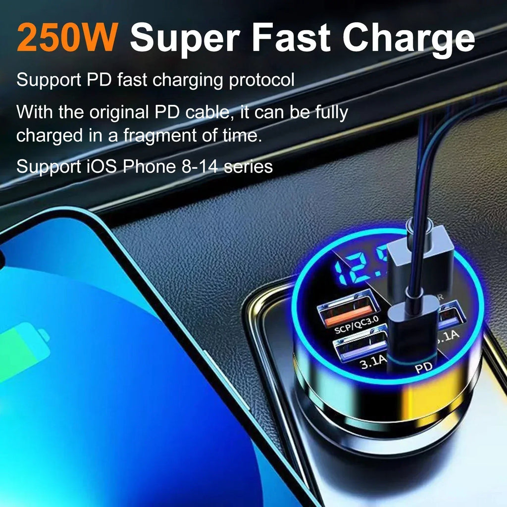 Super Fast Charging Car Charger 5-in-1 Adapter Charging Head Converter 4USB+PD Mobile Phone One Tow Three 250W