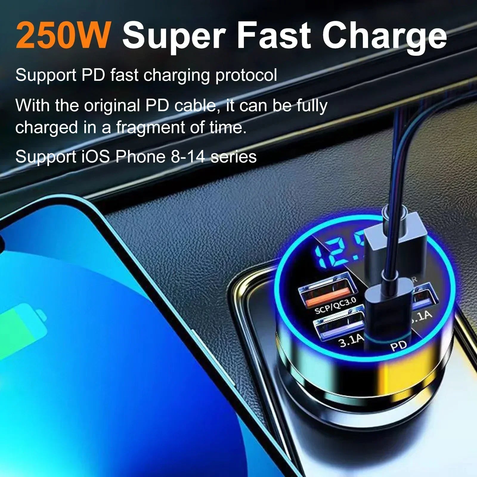 Super Fast Charging Car Charger 5-in-1 Adapter Charging Head Converter 4USB+PD Mobile Phone One Tow Three 250W