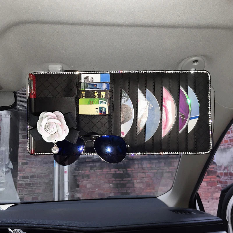 Camellia Flower Car Interior Accessories Crystal Leather Steering Wheel Cover Seat Belt Shifter Cover Auto Headrest Mirror Case