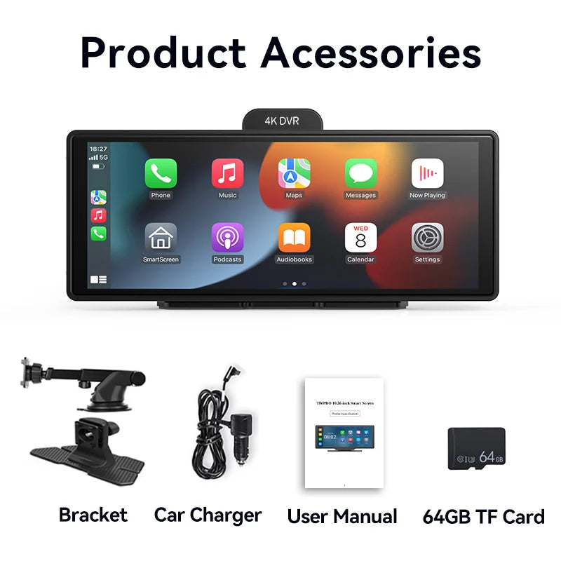 10.26 inch Dash Cam 4K Car DVR Wireless Carplay & Android Auto GPS Navigation Video Recorder Dashboard Dual Lens Wifi FM AUX