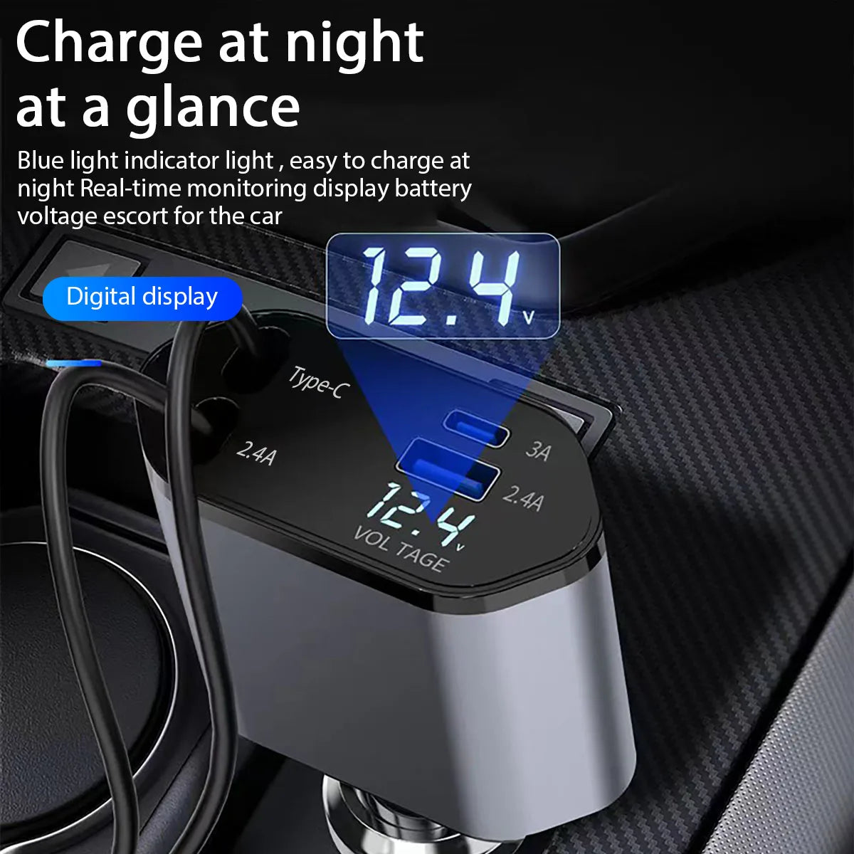 Retractable Car Charger, 4 in 1 Fast Charging Car Charger 120W, Retractable Cable and 2 USB Ports Car Charger Adapter Compatible