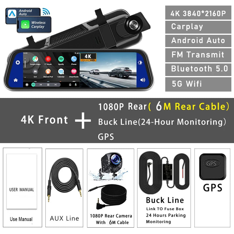 10" Dash Cam 4K 3840*2160P Car Dvr Carplay Android Auto GPS 5G WIFI AUX Stream RearView Mirror Dashcam Camera Drive Recorder FM