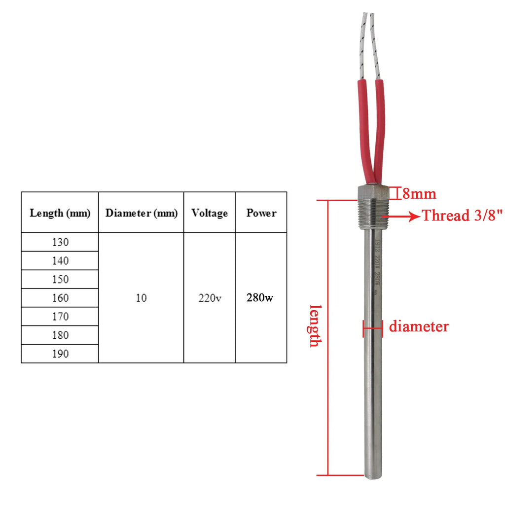 Bujía de encendido de pellet de 3/8 pulgadas, 140, 150, 160, 170 y 180 mm, resistencia al encendido de pellet, diámetro de pellet 10 mm, 220 V, 280 W