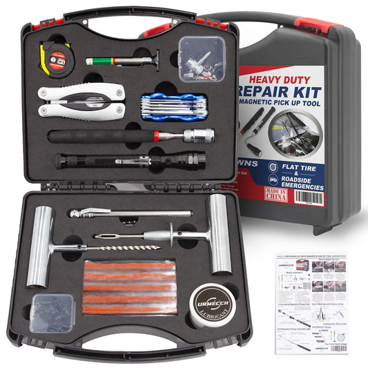 Car Tire Repair Kit With Telescoping Magnet Flashlight Pickup Tool Multi-tool Pliers Pressure Gauge Plugs Roadside Toolbox
