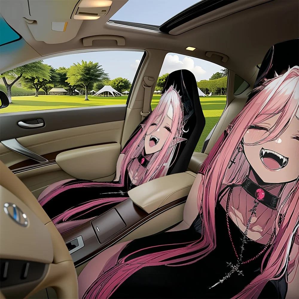 Set Of 2, Attractive Anime Design Front Seat Covers, Trendy Car Accessory Gift For The Holidays, Easy To Clean In The Washing Ma
