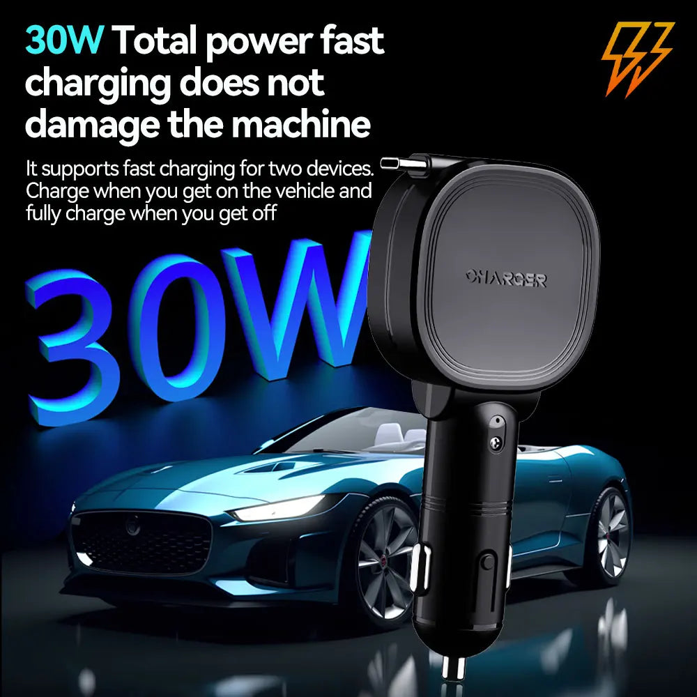 30W Car Charger 2 in 1 Retractable Cable QC PD Fast Car Phone Charger