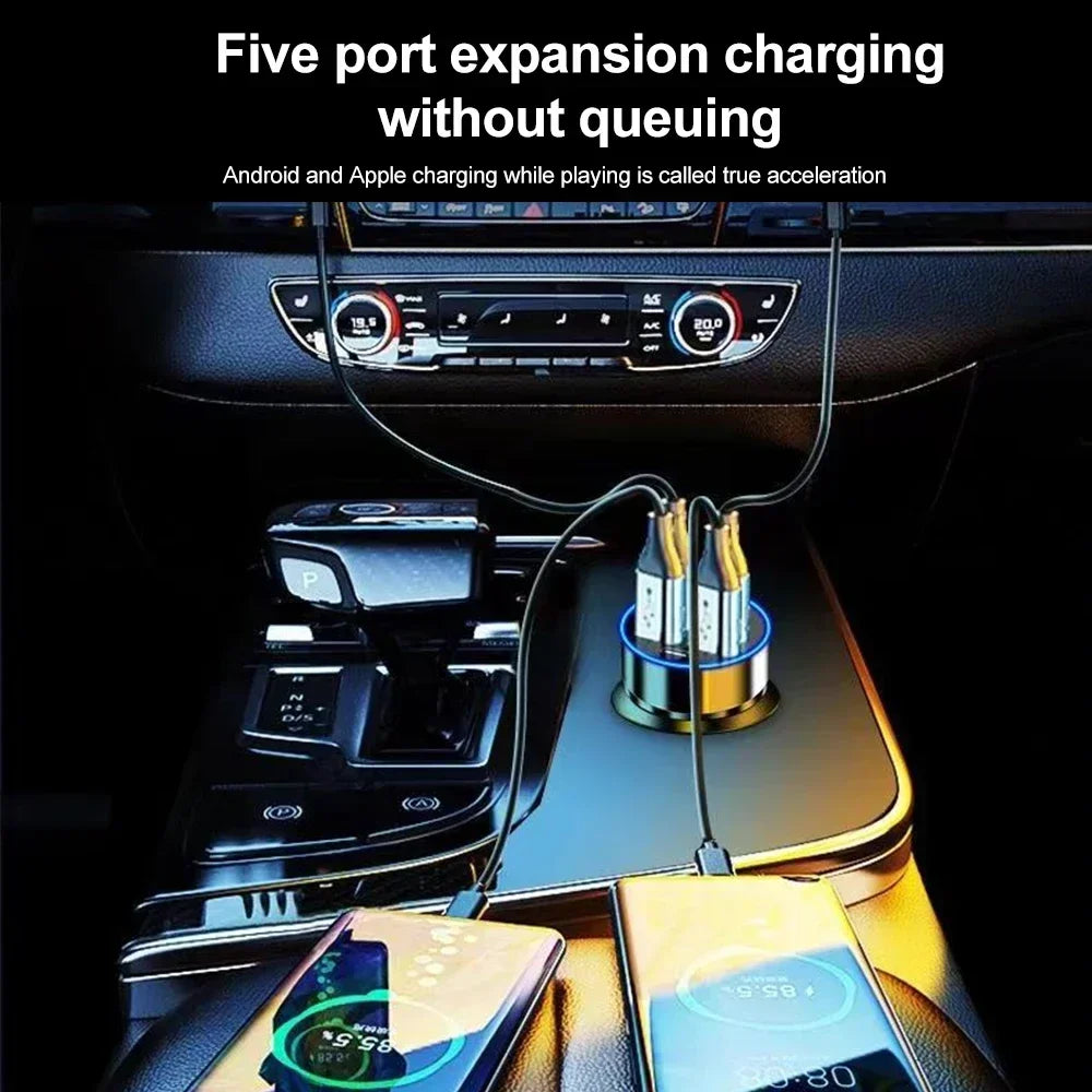Car Mounted Charger with Led Digital Display 27W 6 in 1 Quick Adapter 4 Usb Port 2 Type-C Pd Car Charging Station Charger