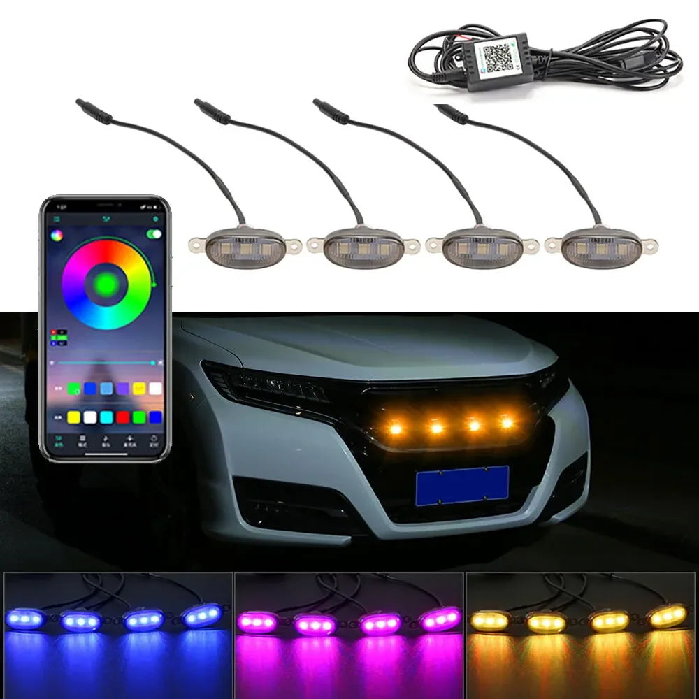 Led Car Front Grille Lighting Universal Daytime Running Light RGB APP Control Central Grid Warning Light Exterior Accessories