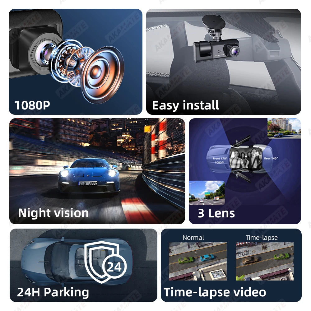 Car DVR 3 Cameras Recorder Rear Inside Vehicle 3-Lens Dash Cam Three Way Camera DVRs Dashcam 3 Channel Video Camcorde 1080P HD