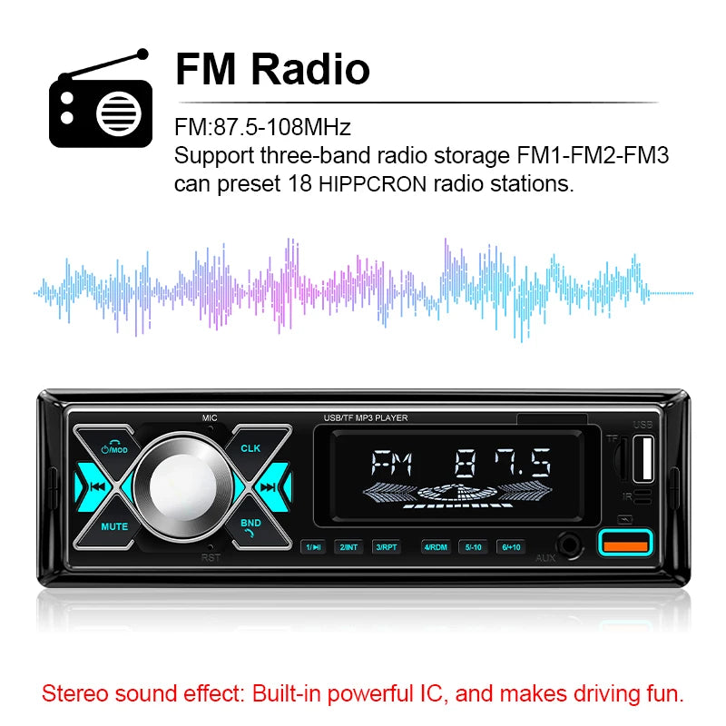 Car Audio 1 din Radio Stereo Receiver Digital Bluetooth MP3 Player Colorful With Dual USB AUX Inputs Auto Multimedia Automotive