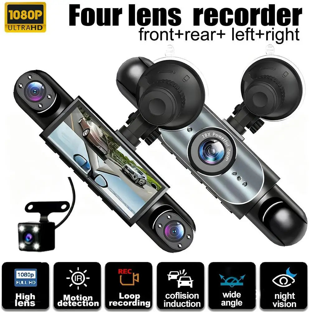 4 Channel Dash Cam 360° View 1080P 64GB Driving Recorder Loop Recording, 24H Parking Mode Full View Car Dashcam System