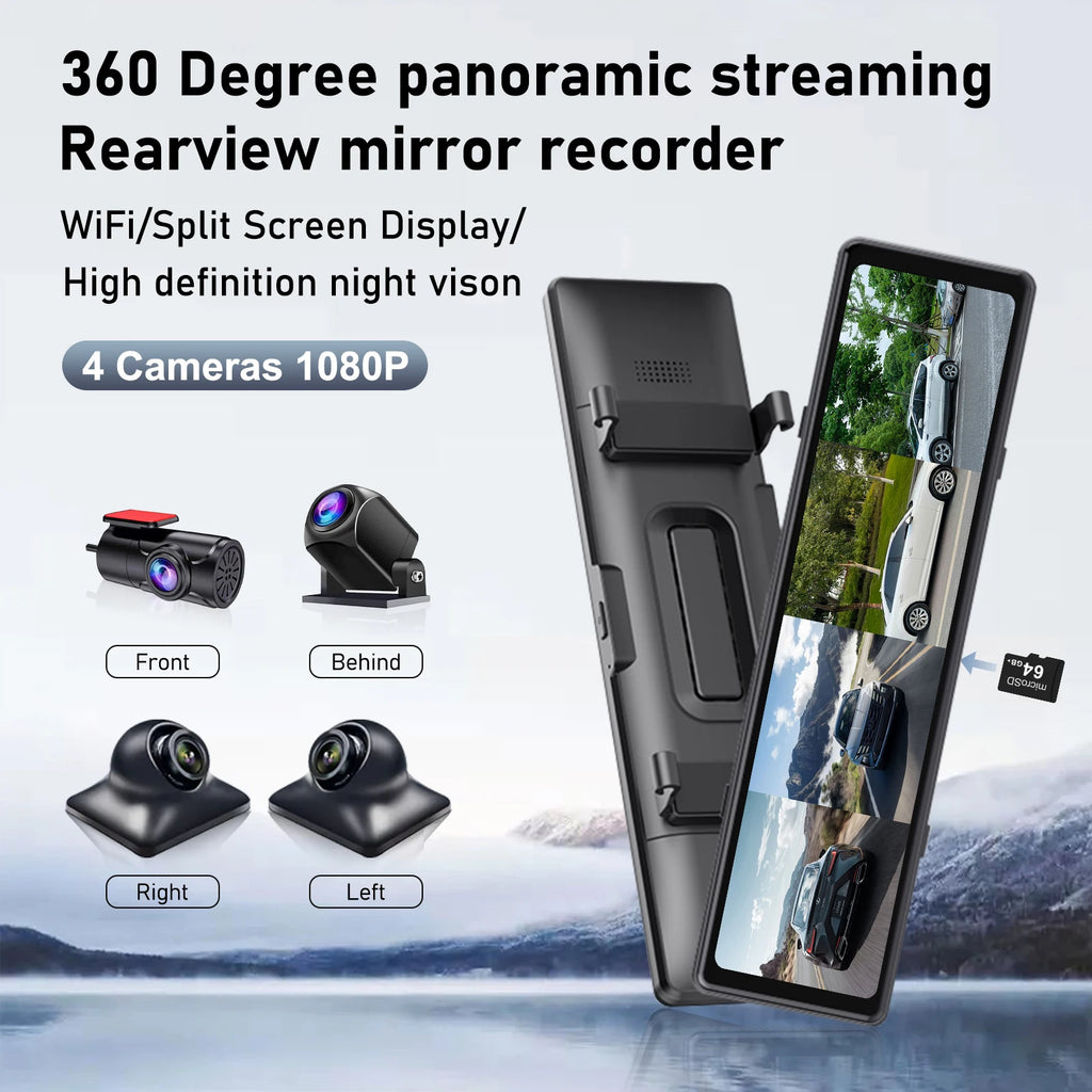 Adinkam 4CH Mstar Dash Cam 12 ''WIFI Rear View Mirror 4 Cameras  Side Fisheye Golden Lens Full HD Night Vision Parking Monitor