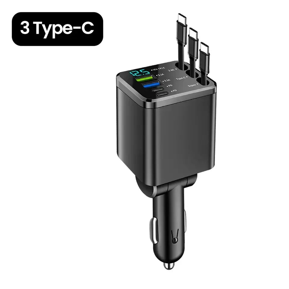 Retractable Car Charger 7 in 1 Fast Charging Car Charger Retractable Cable USB Type C Multi Ports Car Charger Adapter Compatible