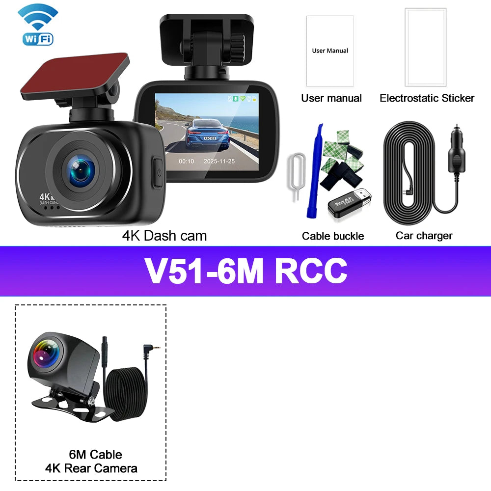 Dash Cam Dual Lens 4K UHD Recording Car Camera DVR Night Vision Video Recorder Support GPS Wi-Fi Black Box 4K Rear View Camera