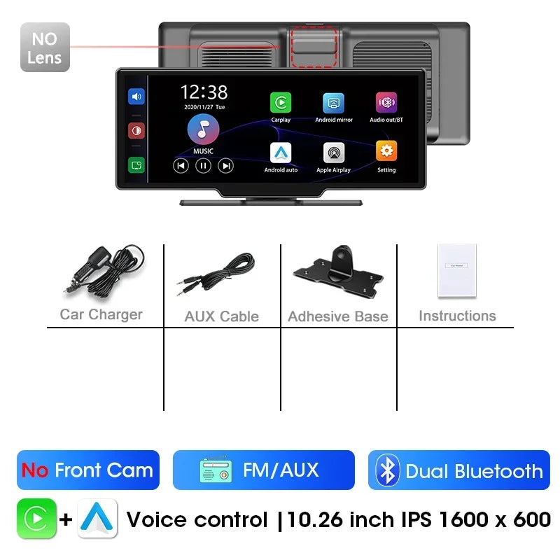 10.26'' Portable 4K Dash Cam Wireless CarPlay Android Auto Car Monitor Dashboard Car DVR Video Recorder GPS FM BT