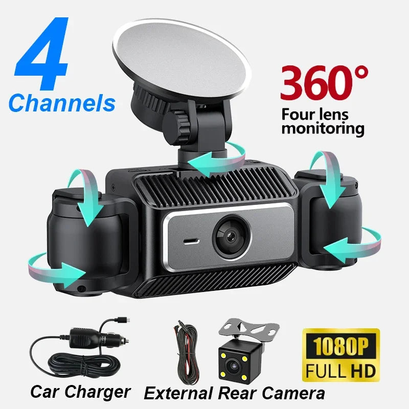 4 Channel Mini Dash Cam Car Camera 360° Front Left Right Rear View Car DVR Video Recorder G-Sensor Night Vision & Loop Recording
