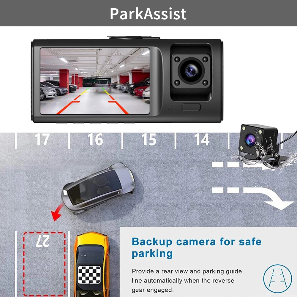 3 Channel Dash Cam for Cars Camera HD 1080P 3-Lens Vehicle Video Recorder Black Box Dual Lens Inside Car DVR Rear View Camera