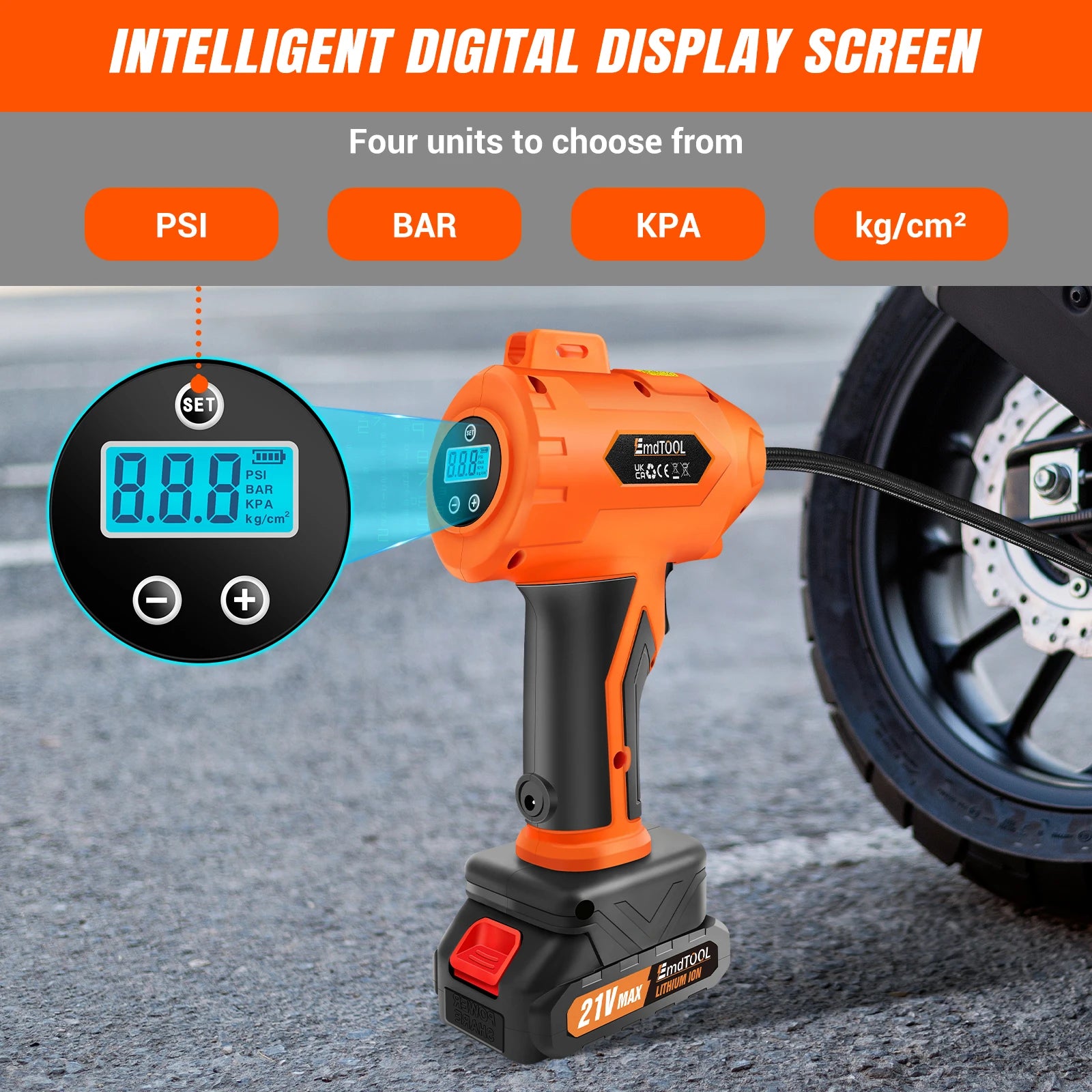 BRIEFNESS Wireless Air Compressor 21V Rechargeable, Portable Electric Tire Pump with Digital Display LED Light for Car/Truck