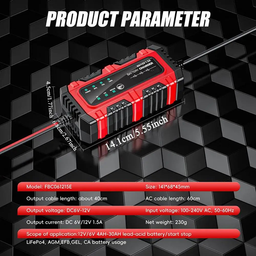6V/12V 1.5A Car Battery Charger Smart Charger Car and Motorcycle Battery Charging Unit for Lead-Acid AGM GEL Batteries