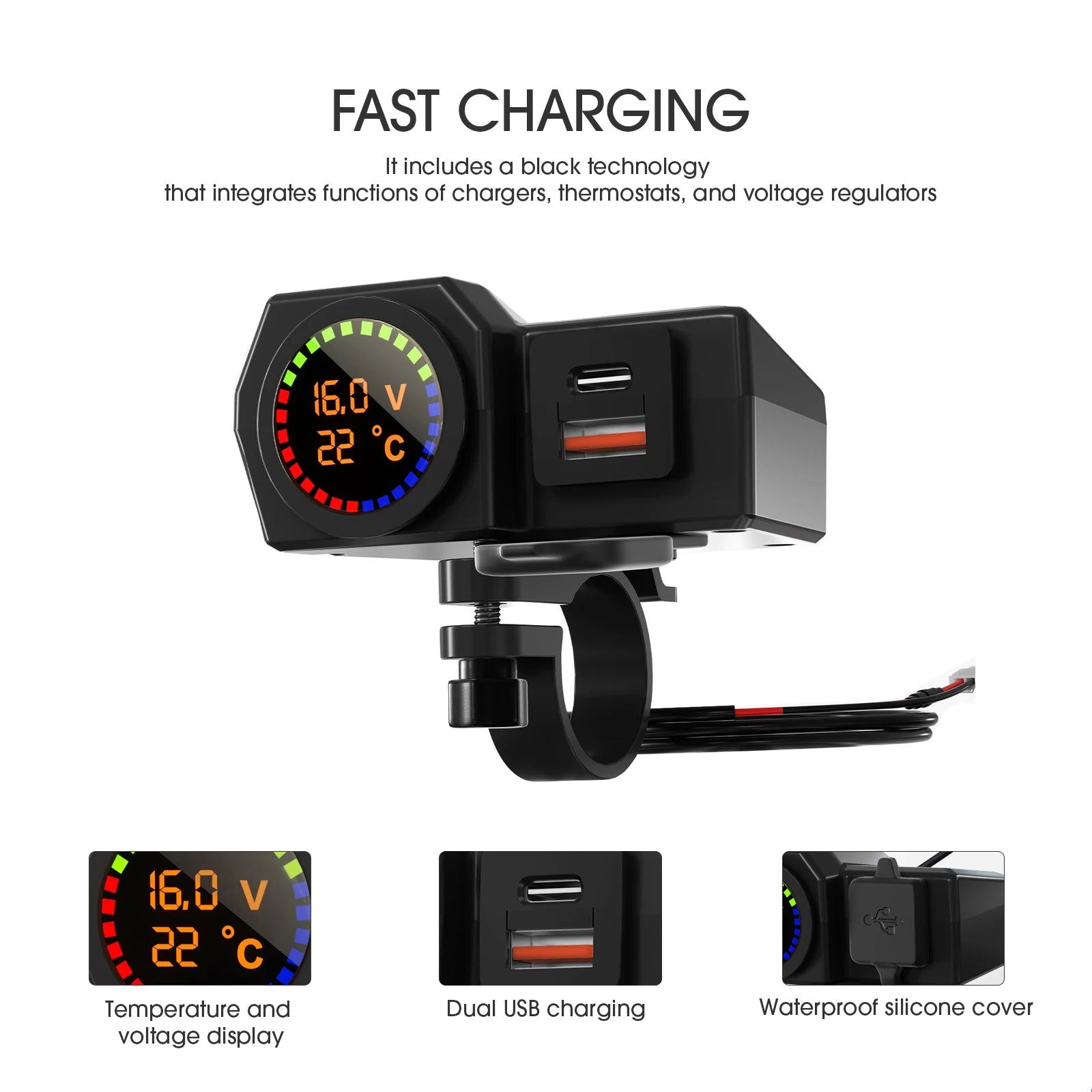 Motorcycle Charger QC3.0 Motorcycle Type C Voltage And Temperature Digital Display Dual USB Mobile Phone Charger PD Car Charger