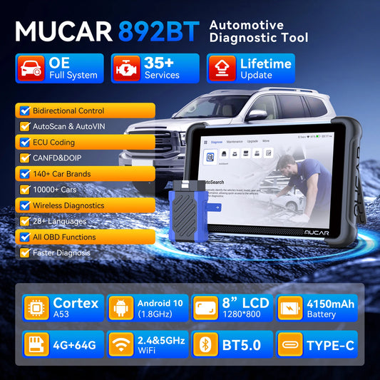 MUCAR 892BT Lifetime Free Car Diagnostic Tools ECU Coding Bidirectional Full System 8 inch CANFD DOIP Automotive OBD2 Scanner