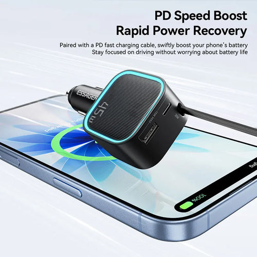 45W Car Charger With Retractable Cable 2-Port USB-C USB-A Multi-Port Fast Charger For Vehicle Mobile Phone Charging