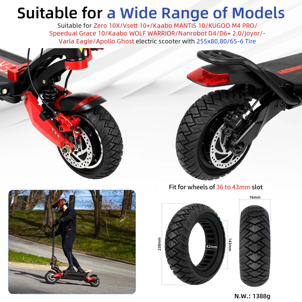 Ulip 10Inch 10x3 Off-Road Solid Tires 255x80(80/65-6) Puncture-proof Tyres For Zero 10x/Dualtron/KaaboKugoo/Inokim/Joyor Scooter