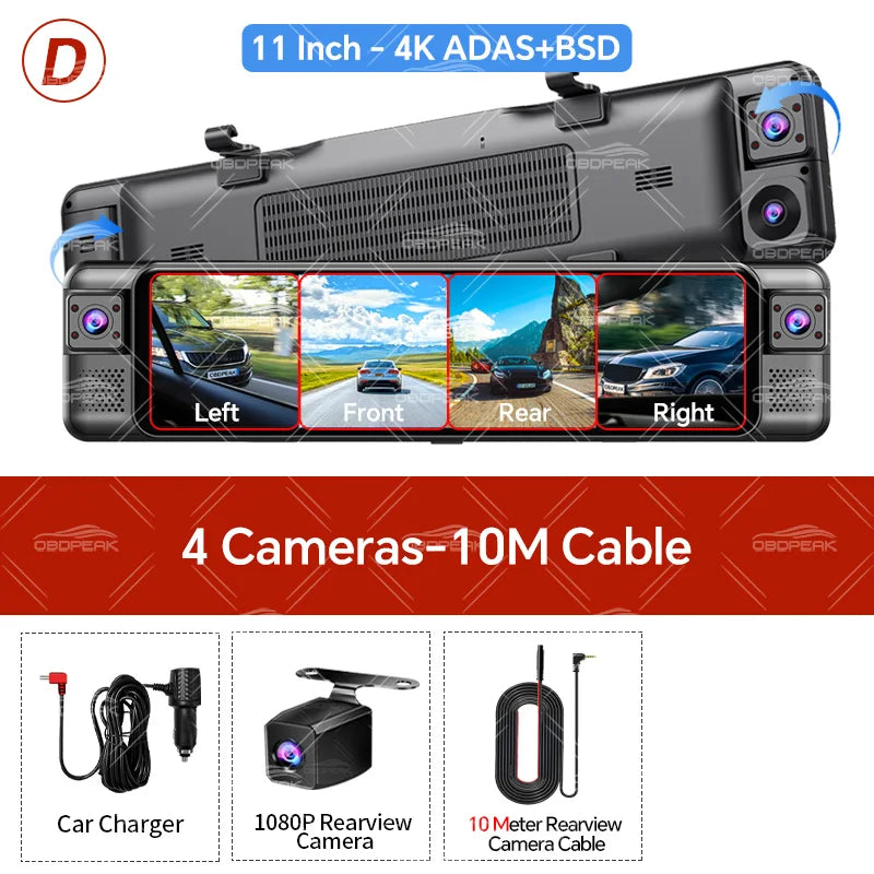 D80 Rearview Mirror 4K Dash Cam ADAS 4CH 360° Record Car DVR Interior Camera WIFI APP 1080P BSD Auto Video Recorder 24H Parking