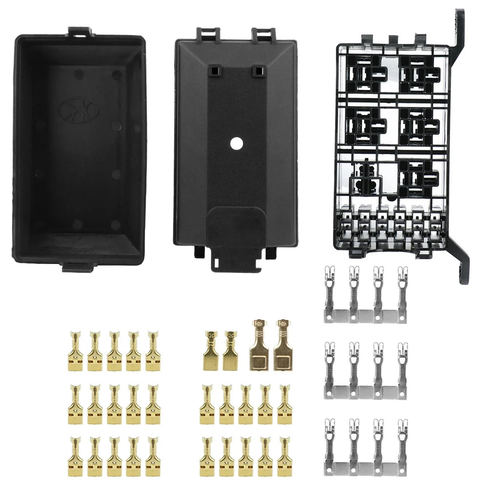 Accesorios para coche, camión, remolque, caja de fusibles y relé de 6 vías, repuesto automático, protector de circuito, bloque de soporte de terminales, color negro