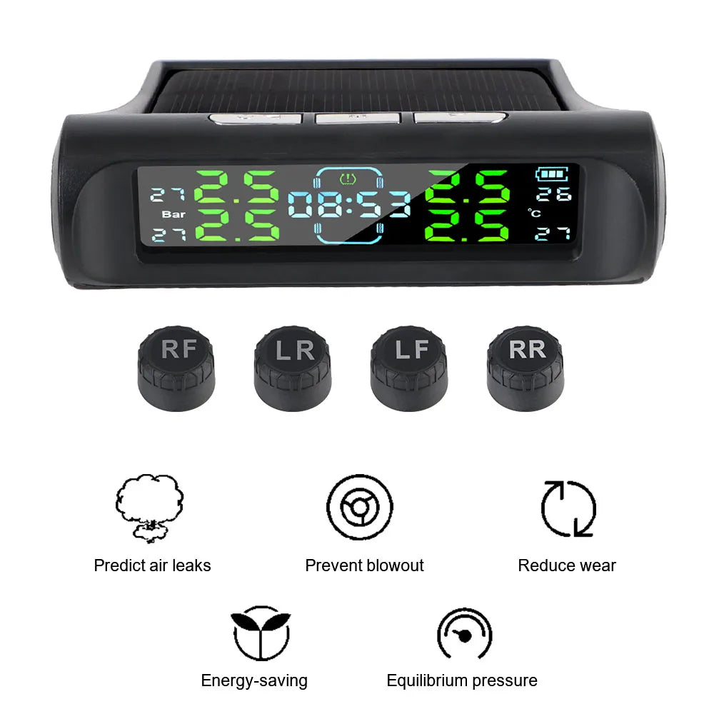 Auto Security Alarm Systems Digital LCD Display USB / Solar TPMS Car Tire Pressure Monitoring System With Digital Clock