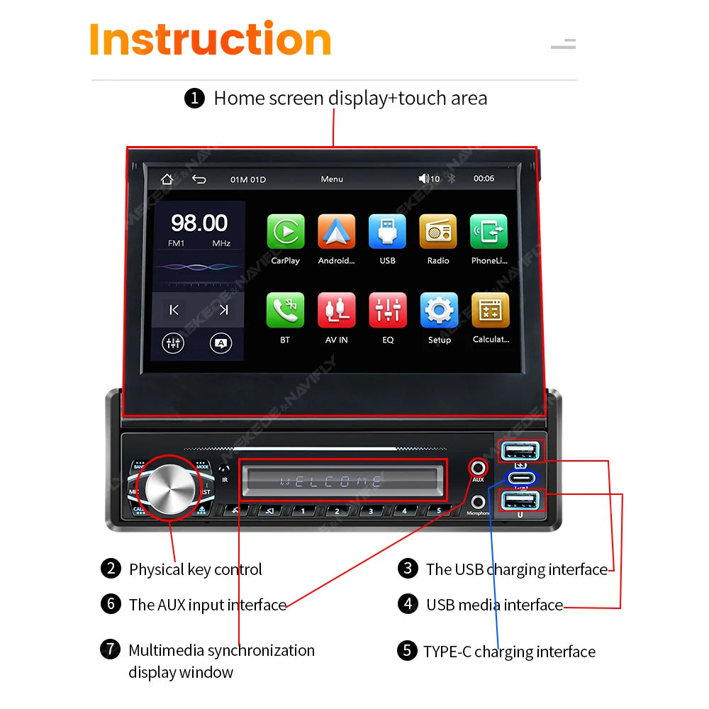 7 Inch Automatic Retractable Touch Screen Wireless Carplay Android Auto Universal 1 Din Car MP5 Player FM Radio BT Mirror Lin-k