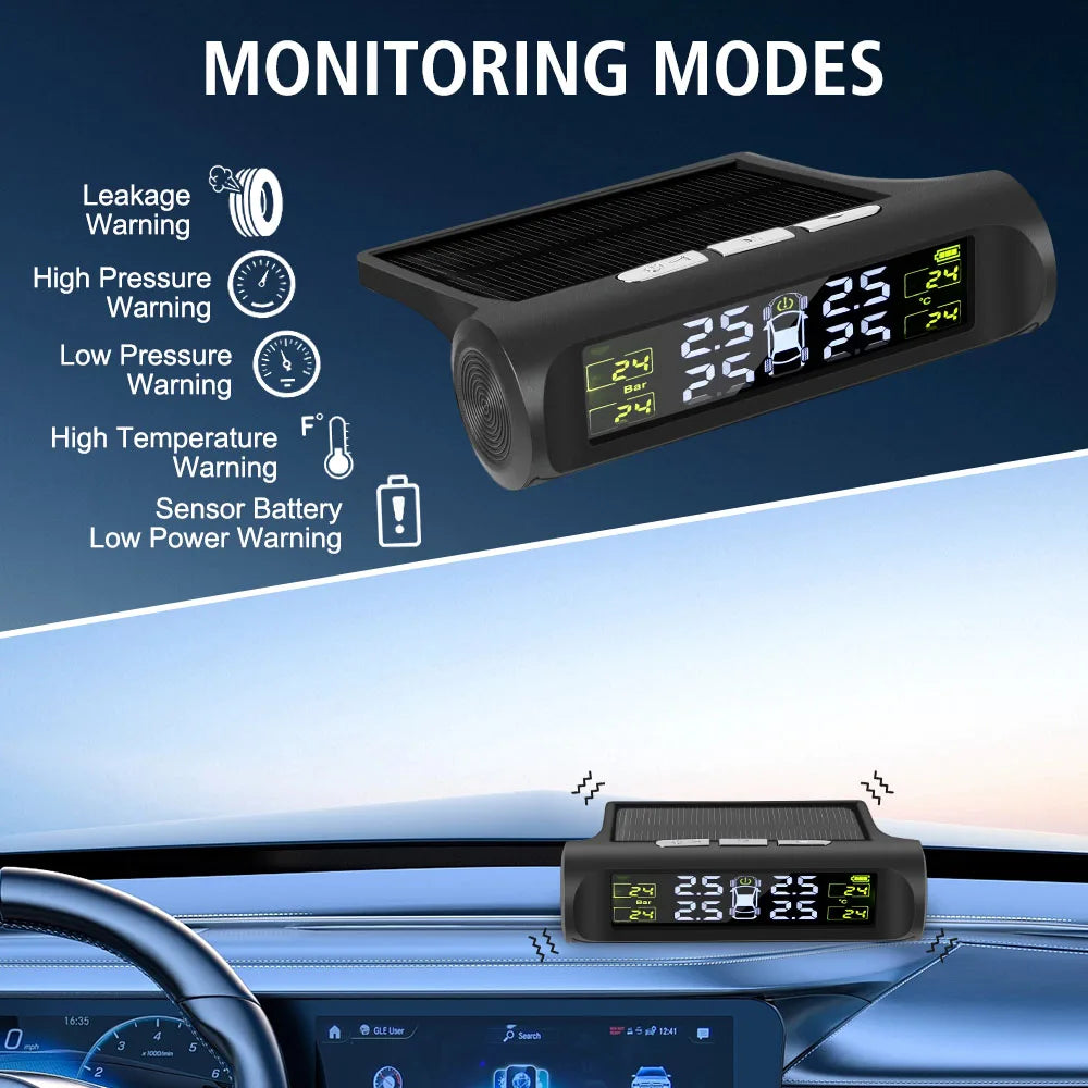 Digital LCD Display Tyre Temperature Monitor Auto Security Alarm System Solar TPMS Car Tire Pressure Monitoring System Universal