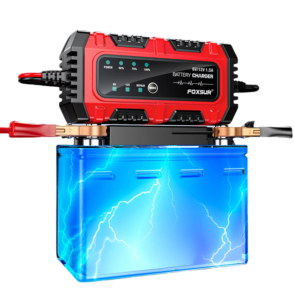 6V/12V 1.5A Car Battery Charger Smart Charger Car and Motorcycle Battery Charging Unit for Lead-Acid AGM GEL Batteries