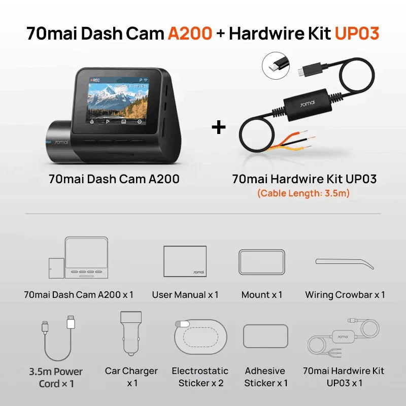 Global 70mai Dash Cam A200 Dual-channel Record 1080P HDR 2'' IPS Screen 24H Parking Monitor Car DVR 70mai A200 WIFI APP 130° FOV