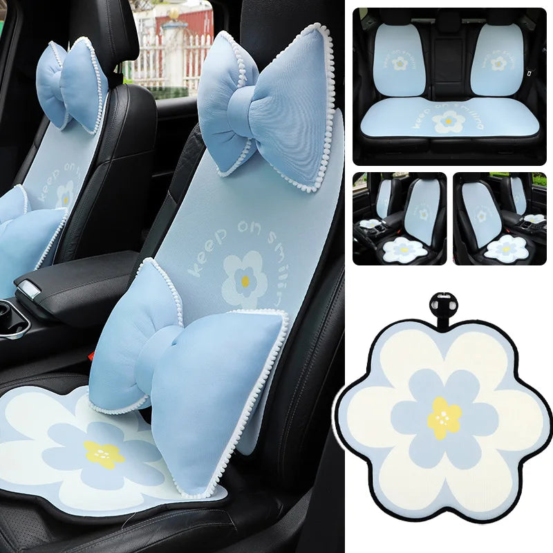 Fashion Blue Flower Car Seat Cover Summer Breathable Cool Seat Mat Cushion Pillow Car Interior Women Four Seasons Universal Pad