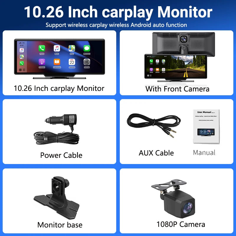 11.26 inch IPS Touch Screen Multimedia Video Player Portable 4K DVR Wireless CarPlay/Android Auto Dual Lens Driving Recorder