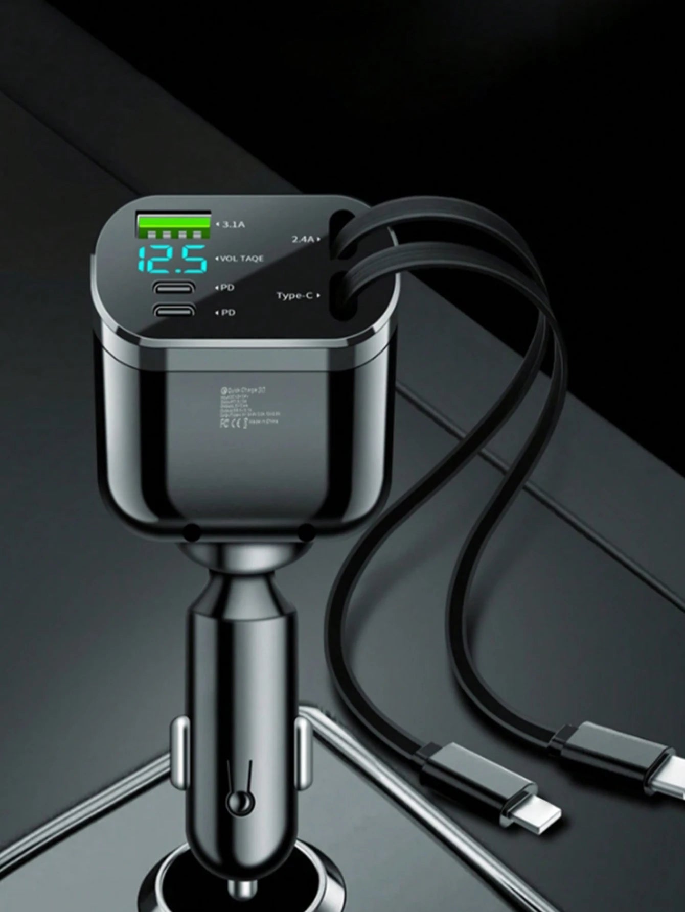 One-to-five car charger with retractable cable, built-in retractable cable PD car fast charging super fast charging flash chargi