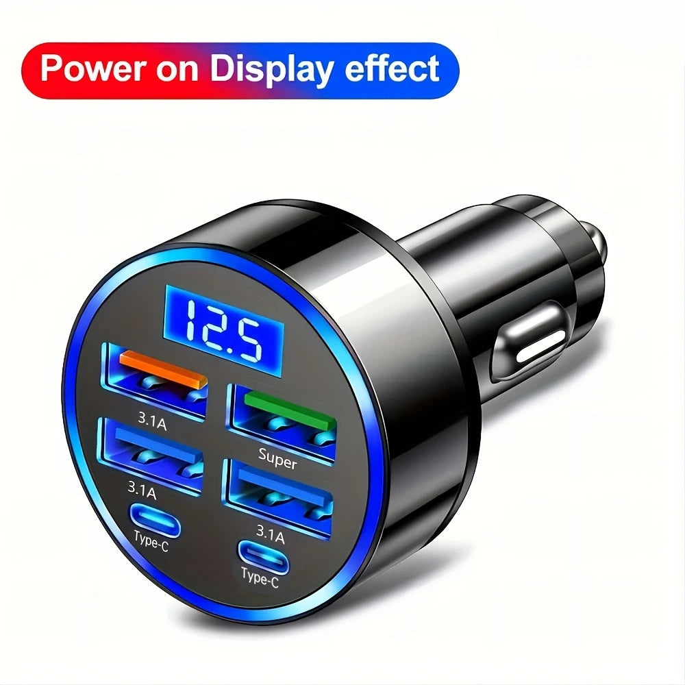 Car Charger 6 Ports Quick Charger QC3.0 Fast Charging Multi-function Adapters PD With Display Ambient Lighting Auto Sockets