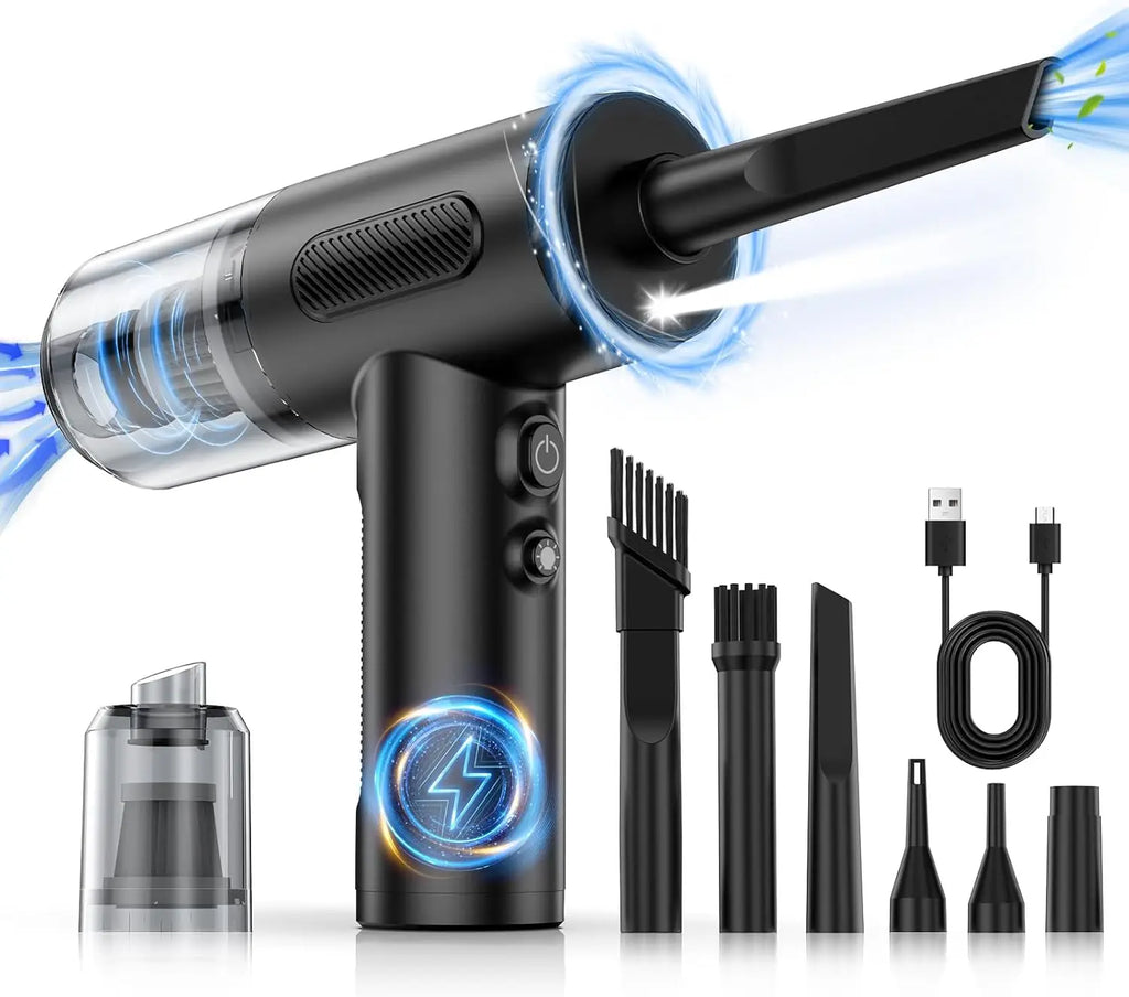 Compressed Air Duster 100000RPM Handheld Electric Air Blower & Car Vacuum, 3-Gear Adjustable Keyboard Cleaner with LED Light